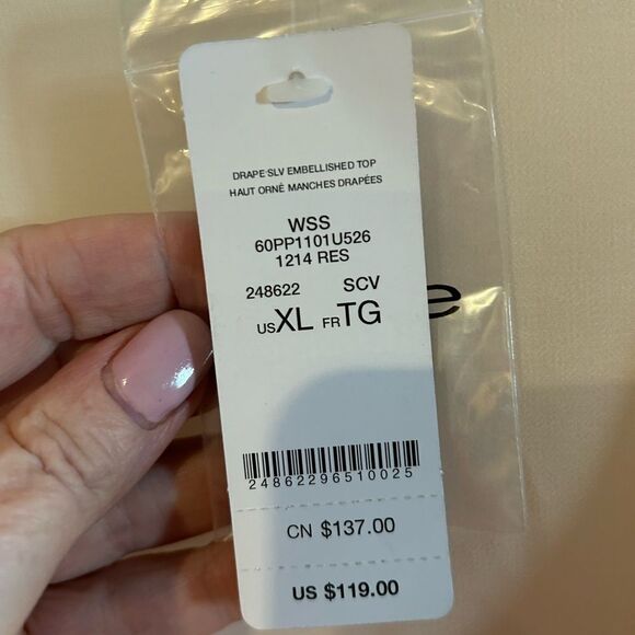 Bebe Embroidered Hand Beaded Draped sleeves Pink blush Sheer Blouse XL - Picture 7 of 13